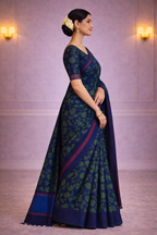 Navy Blue Cotton Saree with Green Print - Elegant Wear