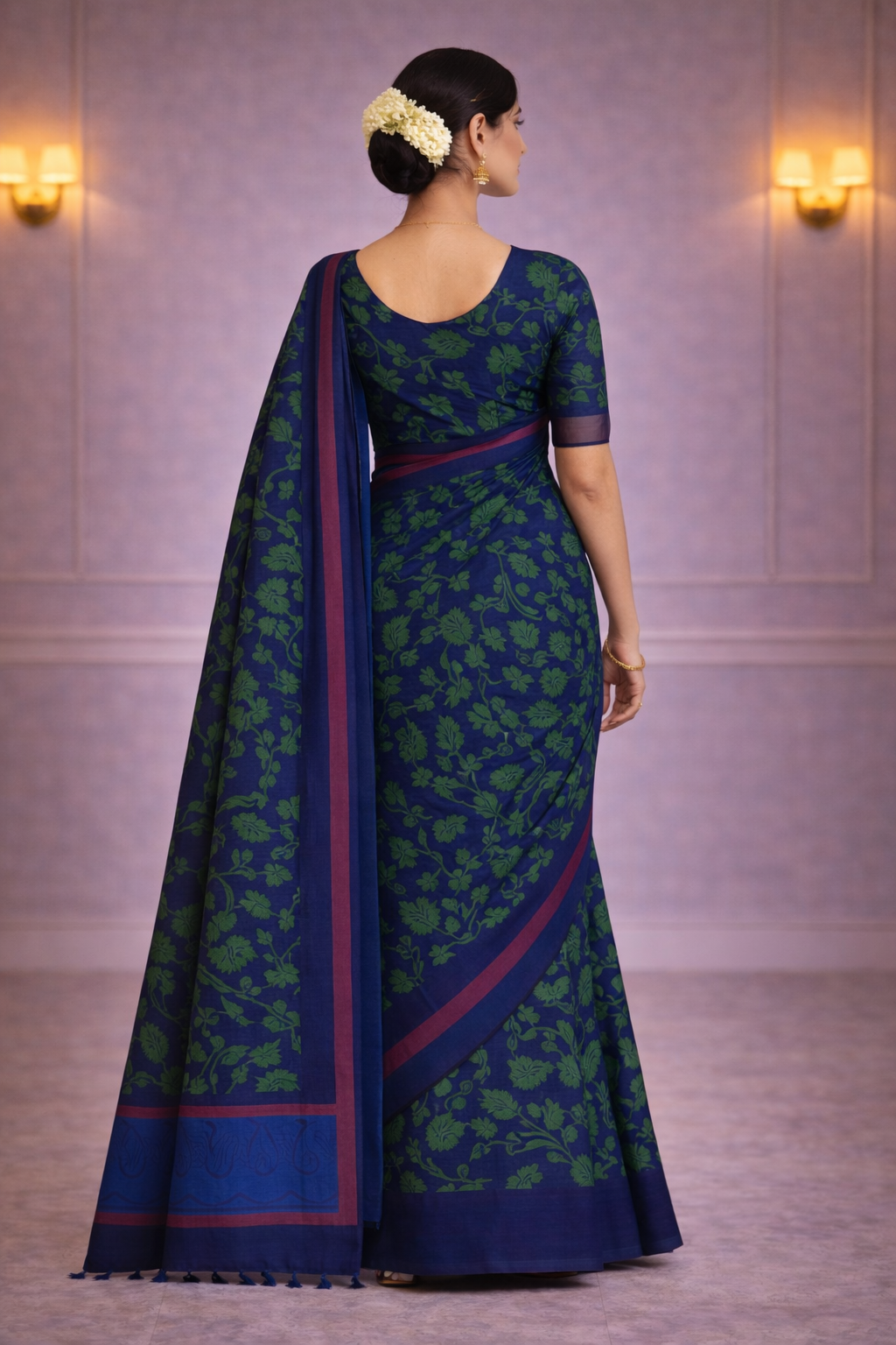 Navy Blue Cotton Saree with Green Print - Elegant Wear