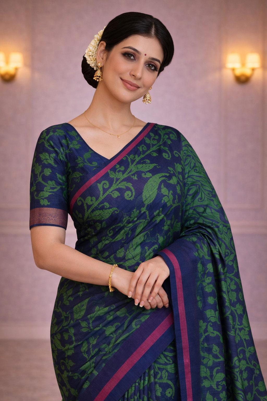 Navy Blue Cotton Saree with Green Leaf Print & Contrast Border – Casual & Office Wear