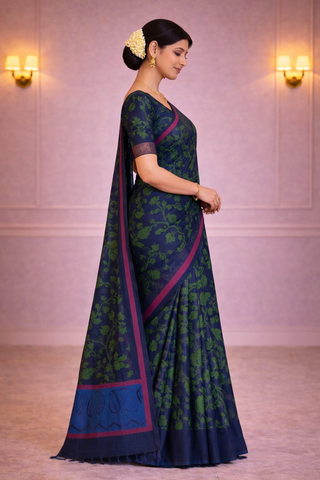 Navy Blue Cotton Saree with Green Leaf Print & Contrast Border – Casual & Office Wear