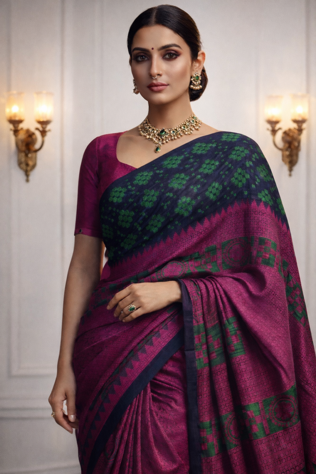 Navy Blue Cotton Saree with Green Butta & Pink Contrast Border