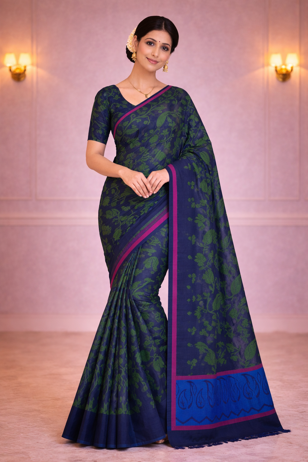 Navy Blue Cotton Saree with Green Leaf Print & Contrast Border – Casual & Office Wear