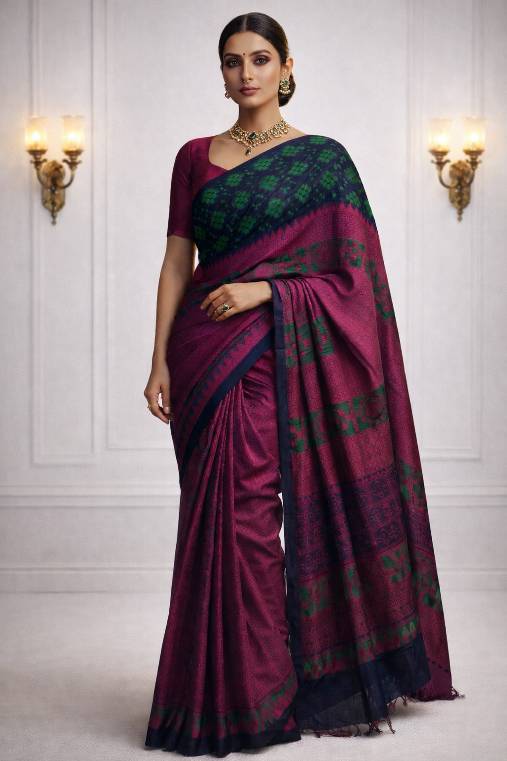 Navy Blue Cotton Saree with Green Butta & Pink Contrast Border