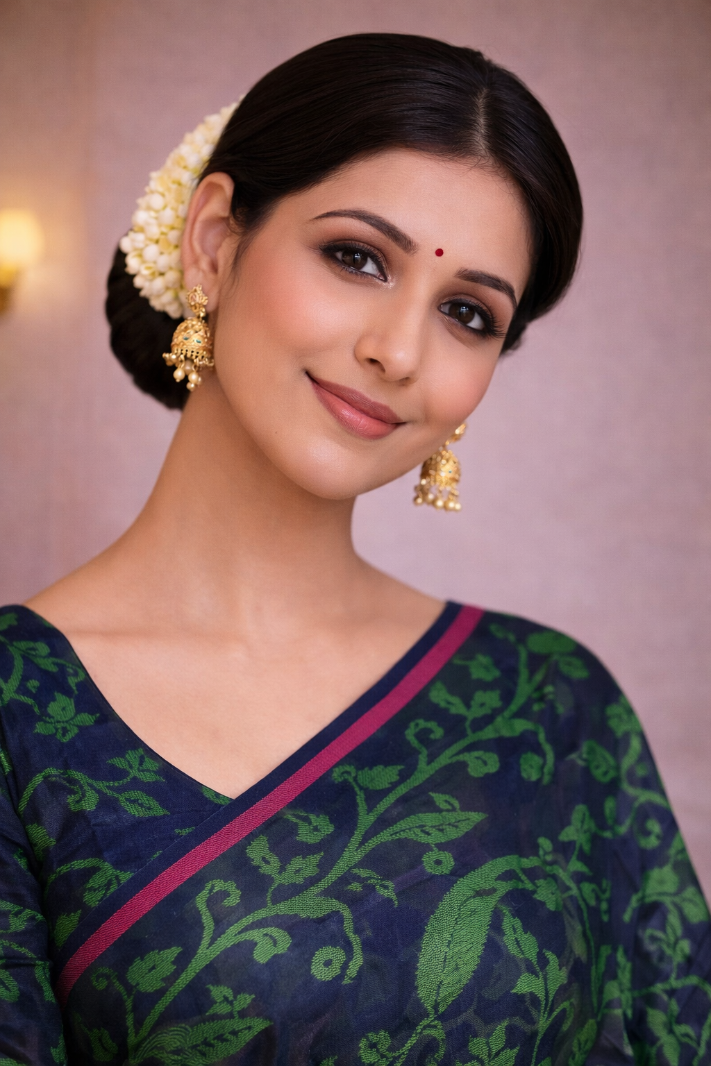 Navy Blue Cotton Saree with Green Leaf Print & Contrast Border – Casual & Office Wear