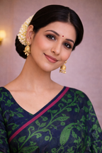 Navy Blue Cotton Saree with Green Leaf Print & Contrast Border – Casual & Office Wear