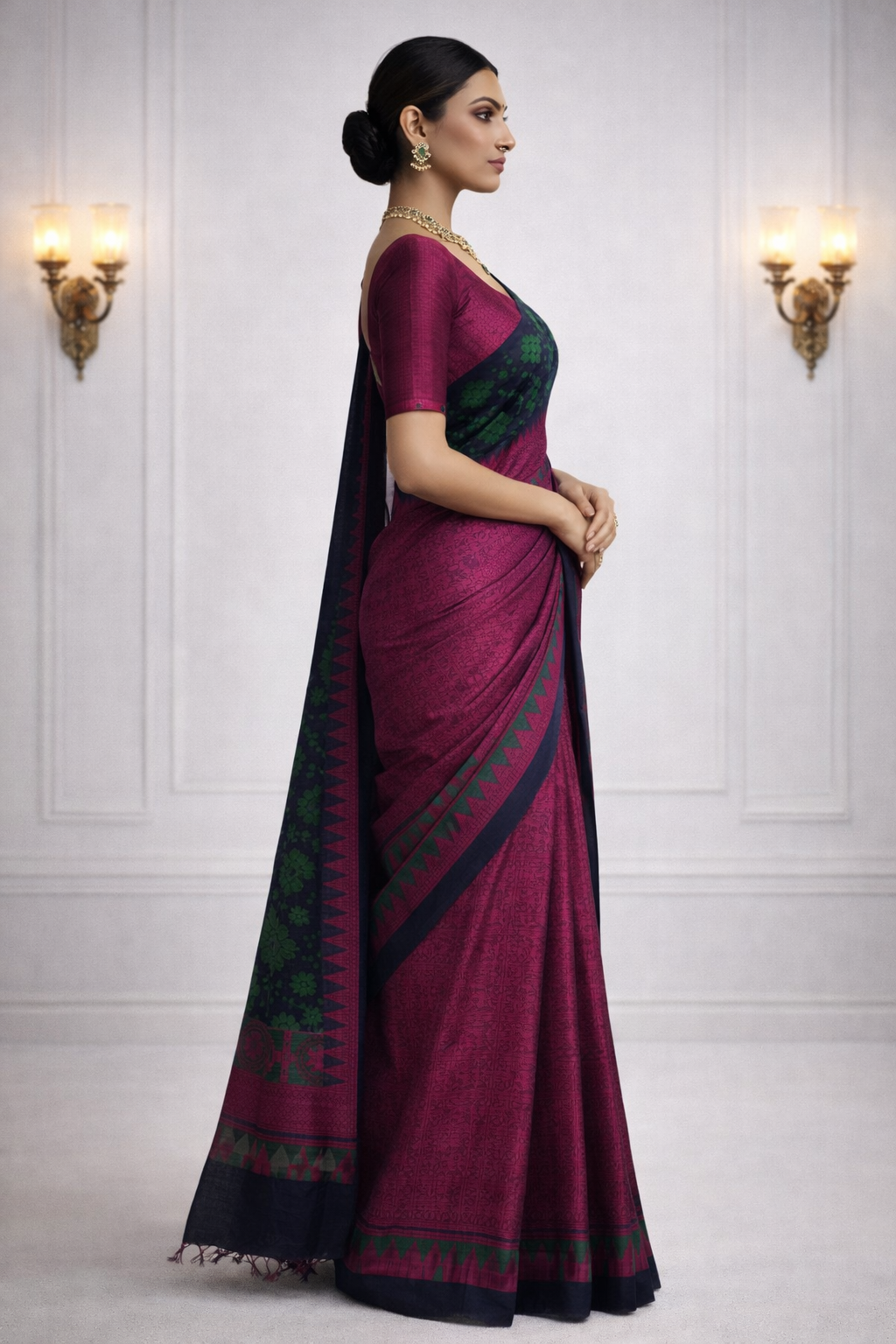Navy Blue Cotton Saree with Green Butta & Pink Contrast Border