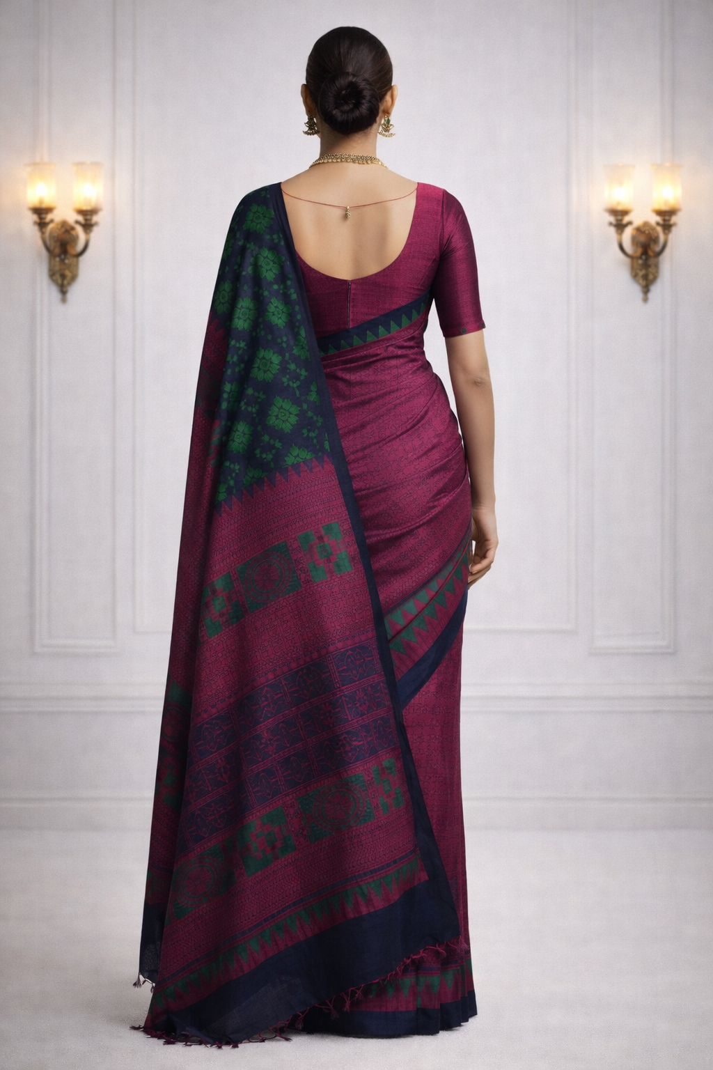 Navy Blue Cotton Saree with Green Butta & Pink Contrast Border
