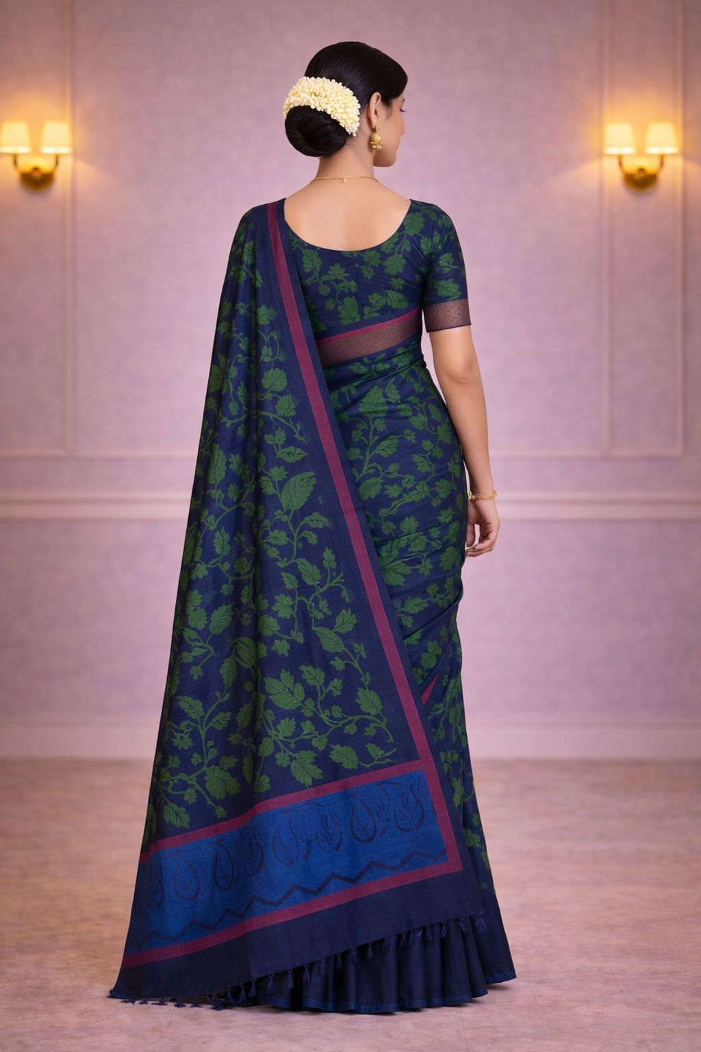 Navy Blue Cotton Saree with Green Leaf Print & Contrast Border – Casual & Office Wear