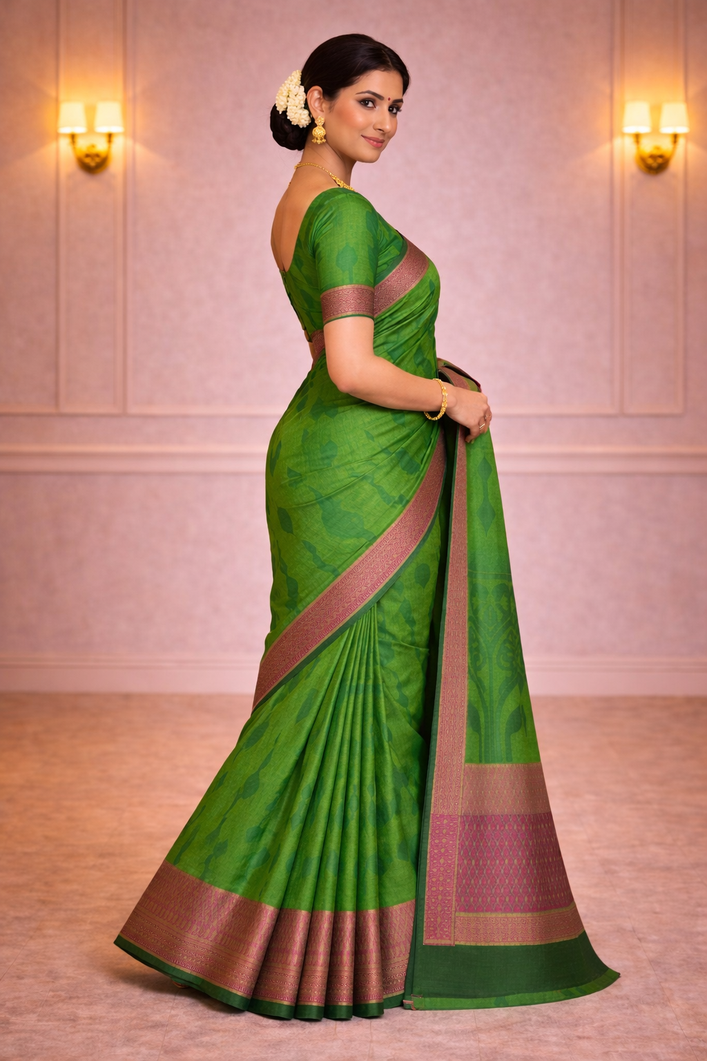 Parrot Green Cotton Silk Saree with Contrast Zari Border