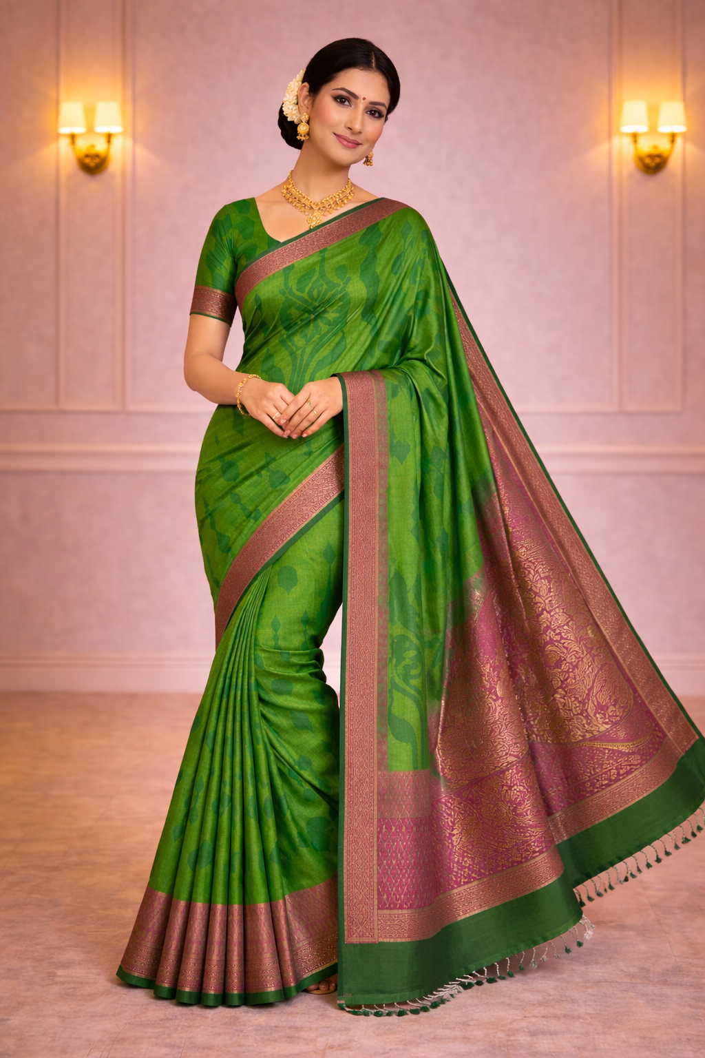 Parrot Green Cotton Silk Saree with Contrast Zari Border