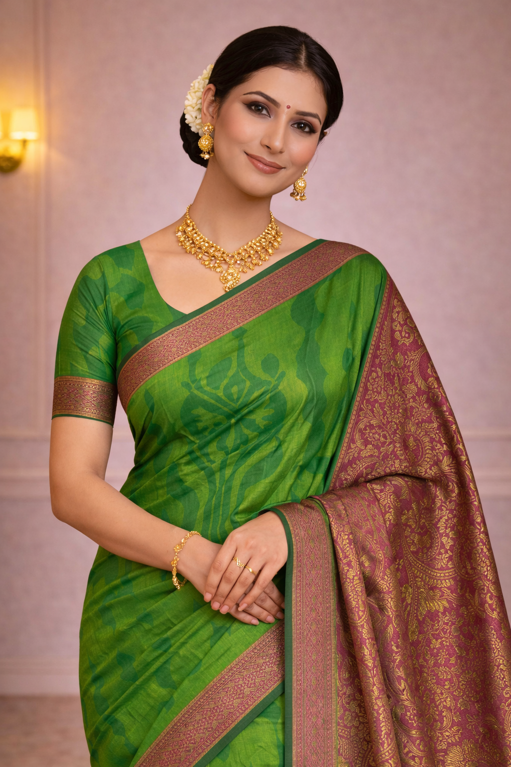 Parrot Green Cotton Silk Saree with Contrast Zari Border