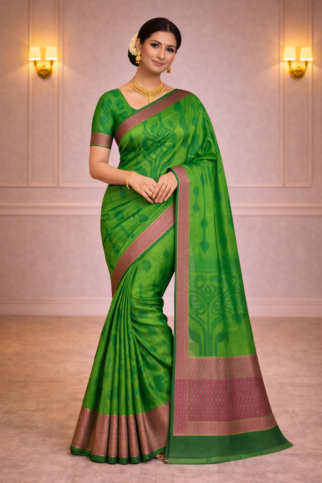 Parrot Green Cotton Silk Saree with Contrast Zari Border
