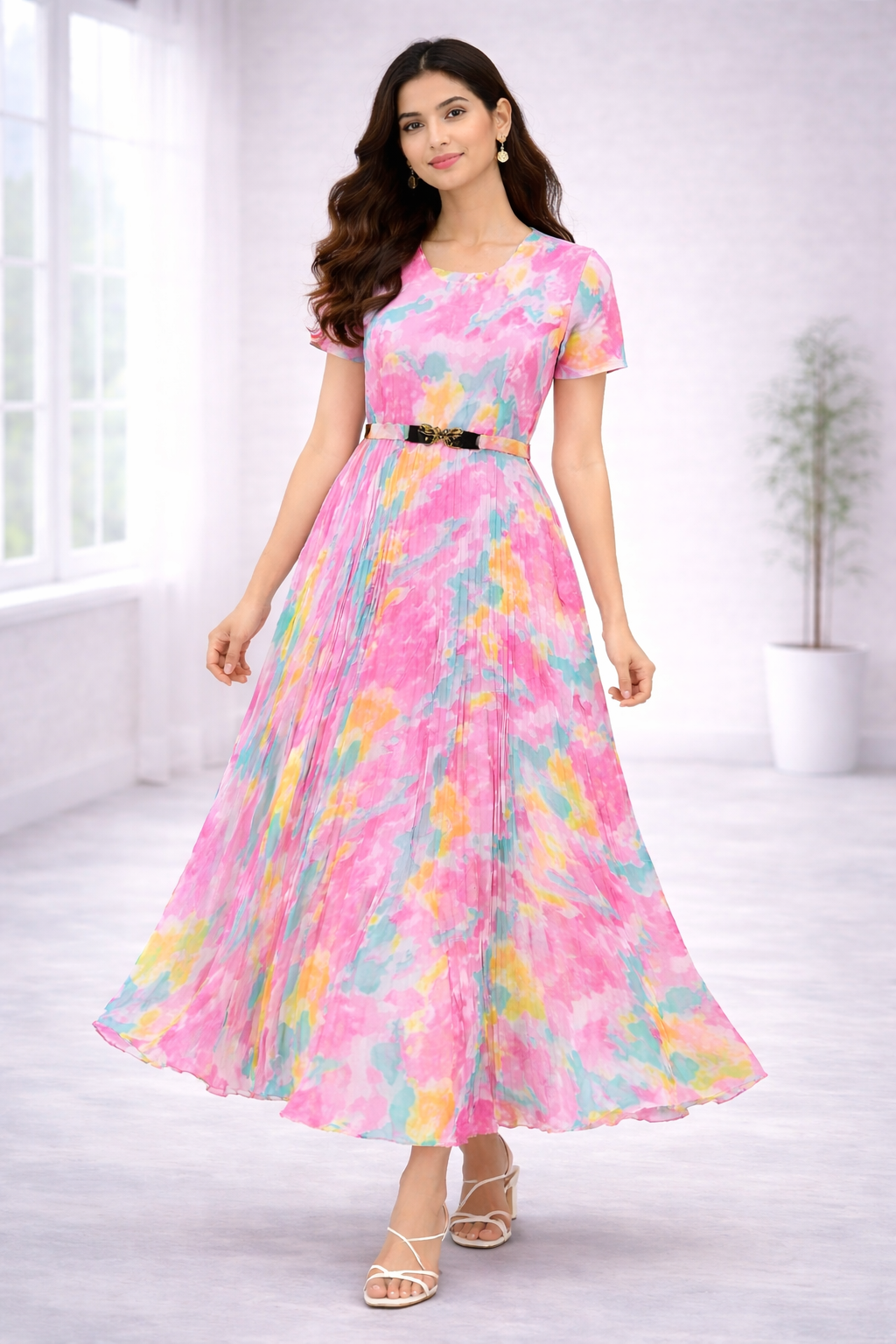 Women’s Pink Printed Georgette Long Western Frock – Round Neck with Attached Belt