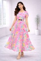 Women’s Pink Printed Georgette Long Western Frock – Round Neck with Attached Belt