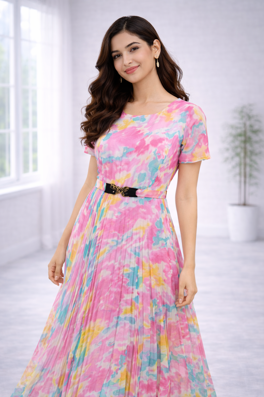 Women’s Pink Printed Georgette Long Western Frock – Round Neck with Attached Belt