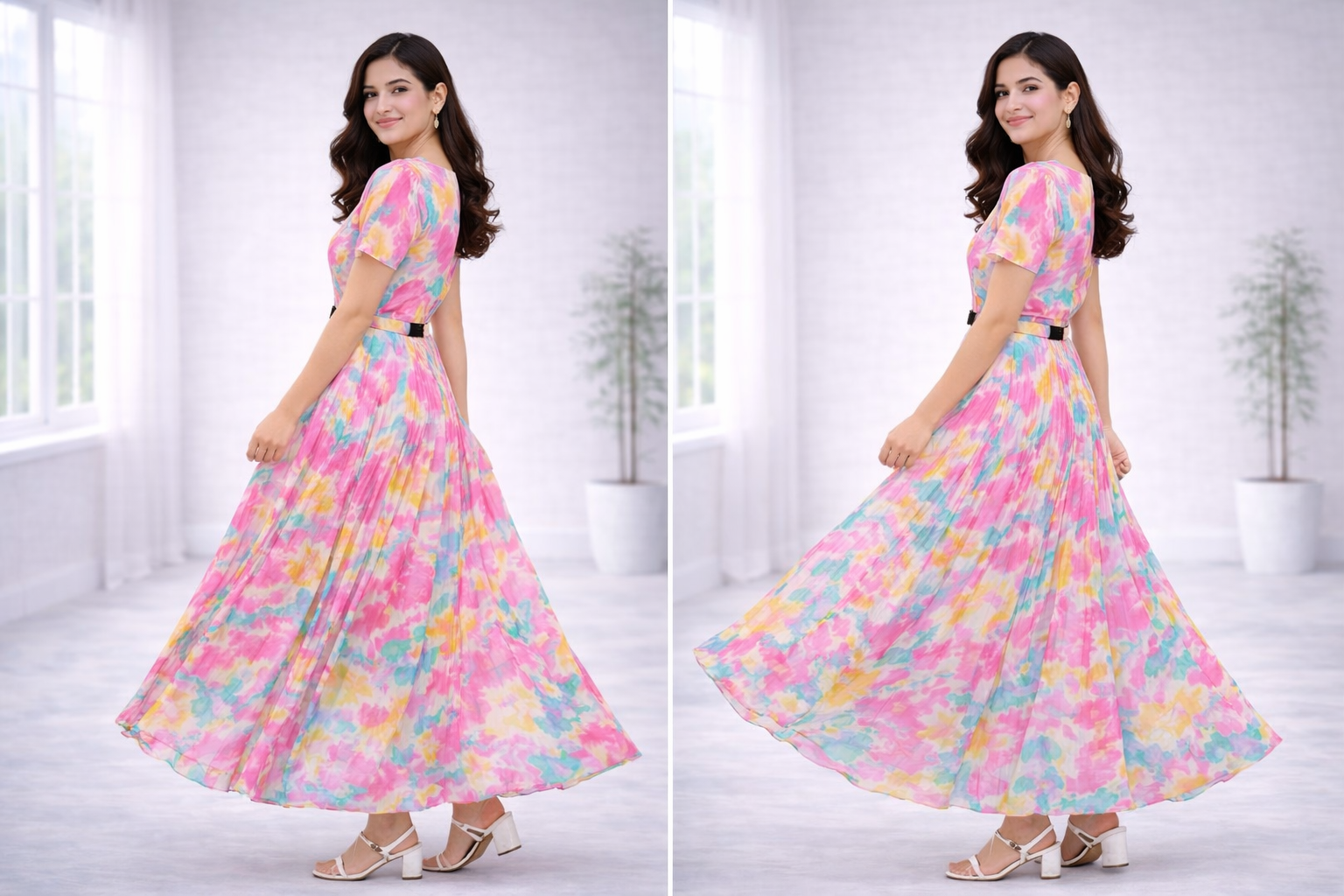 Women’s Pink Printed Georgette Long Western Frock – Round Neck with Attached Belt