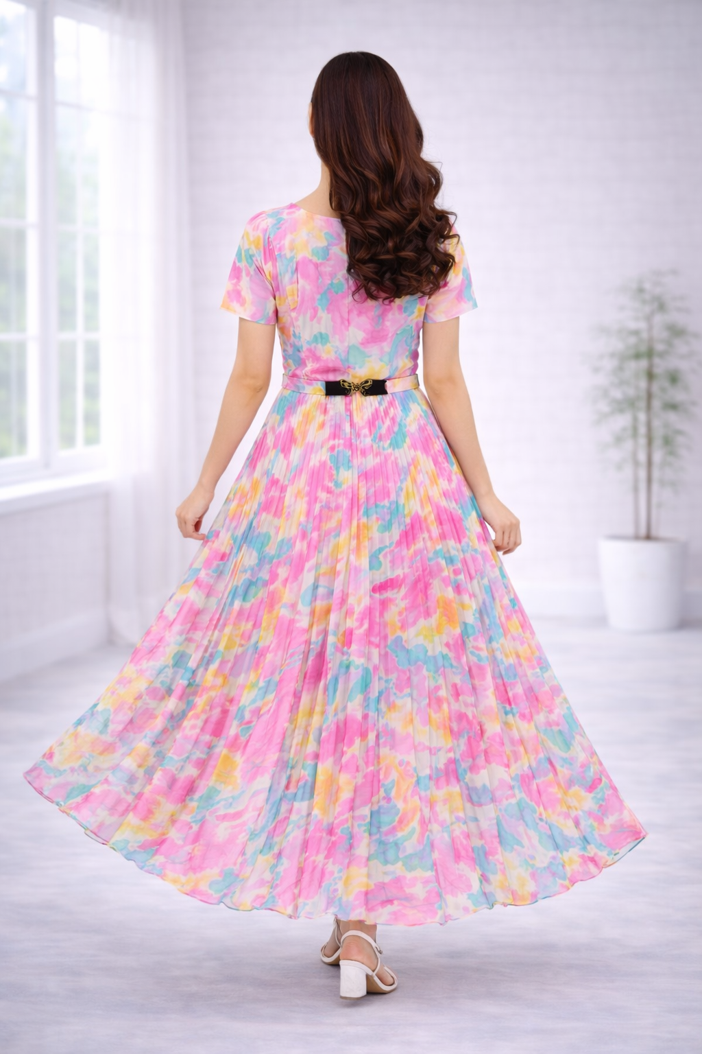 Women’s Pink Printed Georgette Long Western Frock – Round Neck with Attached Belt