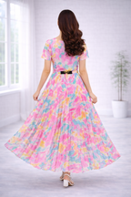 Women’s Pink Printed Georgette Long Western Frock – Round Neck with Attached Belt