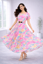 Women’s Pink Printed Georgette Long Western Frock – Round Neck with Attached Belt