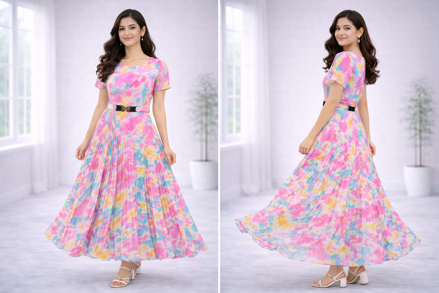Women’s Pink Printed Georgette Long Western Frock – Round Neck with Attached Belt