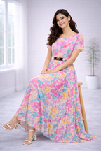 Women’s Pink Printed Georgette Long Western Frock – Round Neck with Attached Belt