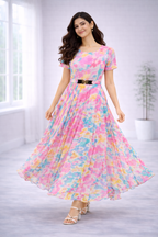 Women’s Pink Printed Georgette Long Western Frock – Round Neck with Attached Belt