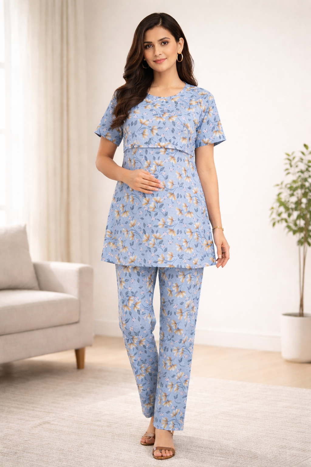 Sky Blue Floral Maternity Co-ord Set (Zipless Feeding Wear)
