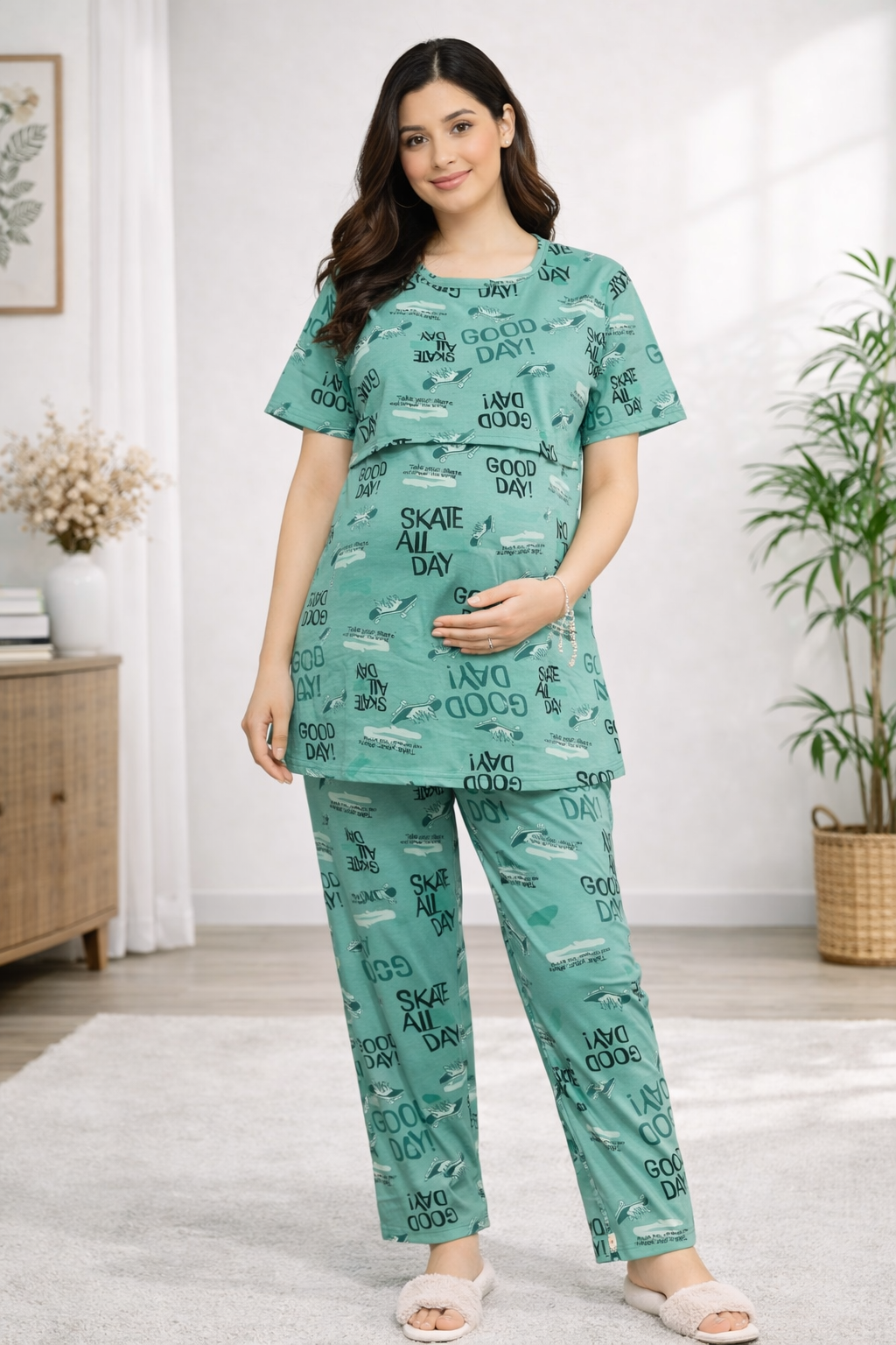 Mint Green Printed Maternity Co-Ord Set (Zipless Feeding Wear)