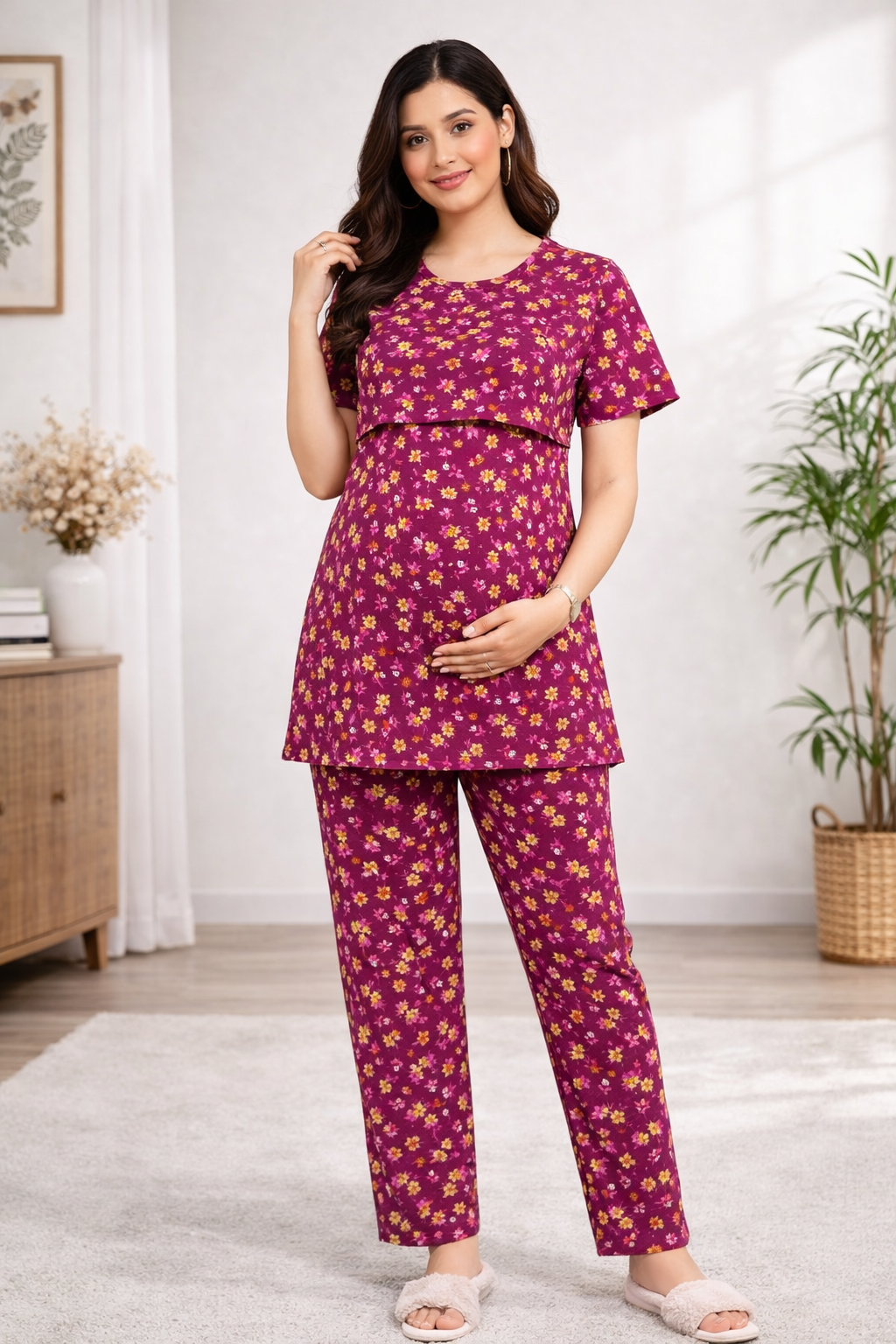 Maroon Floral Maternity Co-Ord Set (Zipless Feeding Wear)