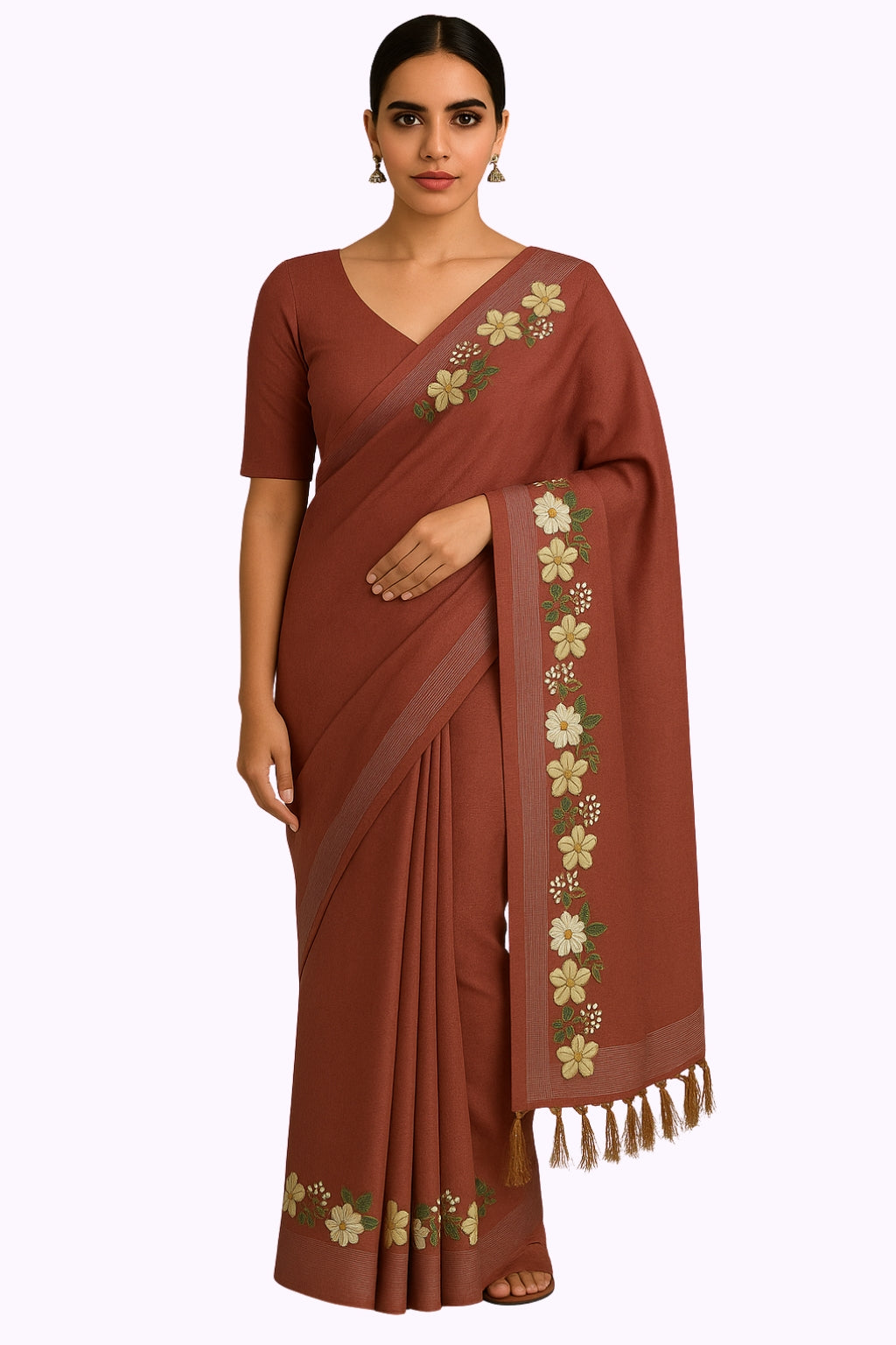 Bhagalpur Art Silk Saree with Floral Embroidery Border & Tassel Pallu