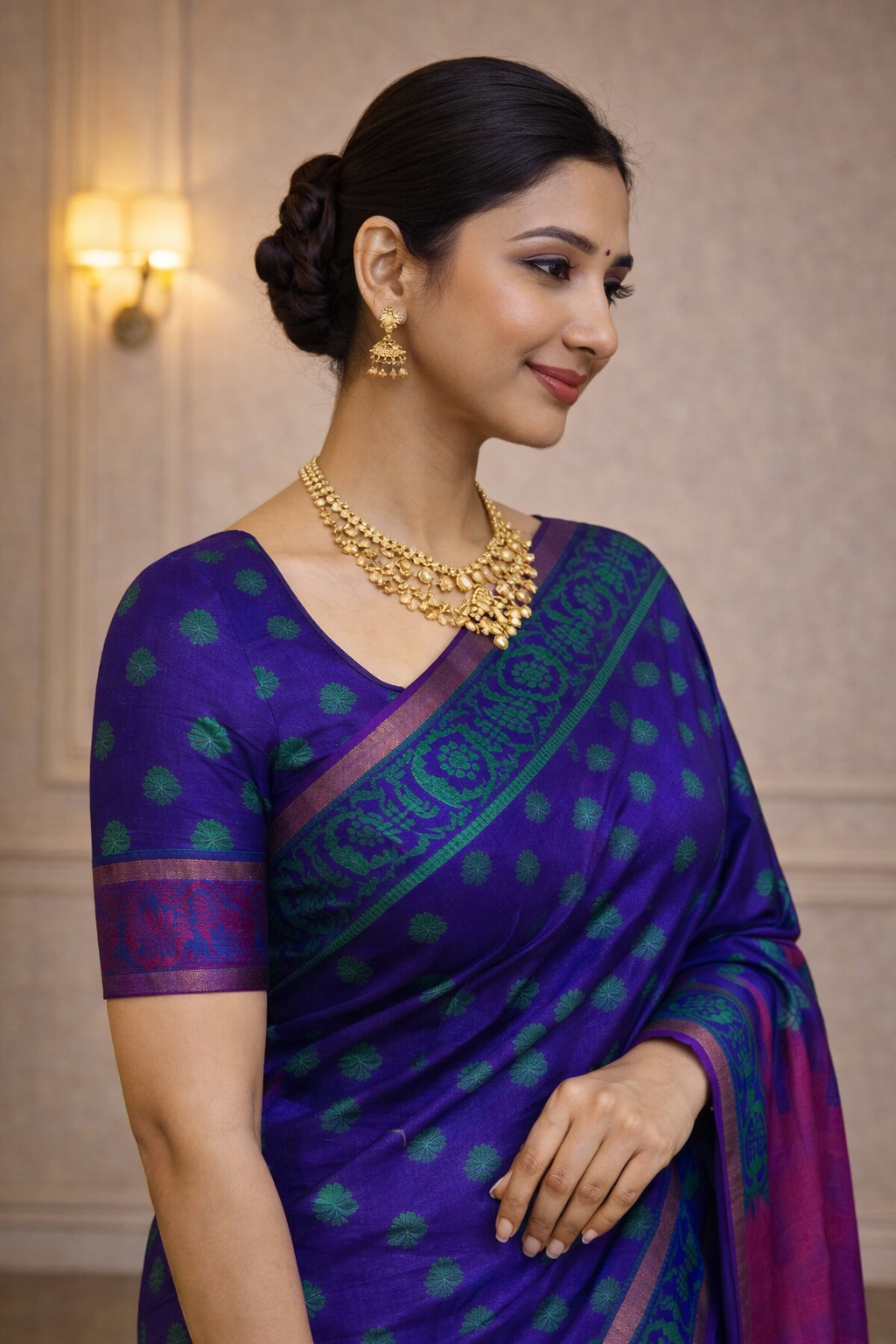 Royal Purple Traditional Saree with Green Butta Design & Contrast Border – Festive & Ethnic Wear