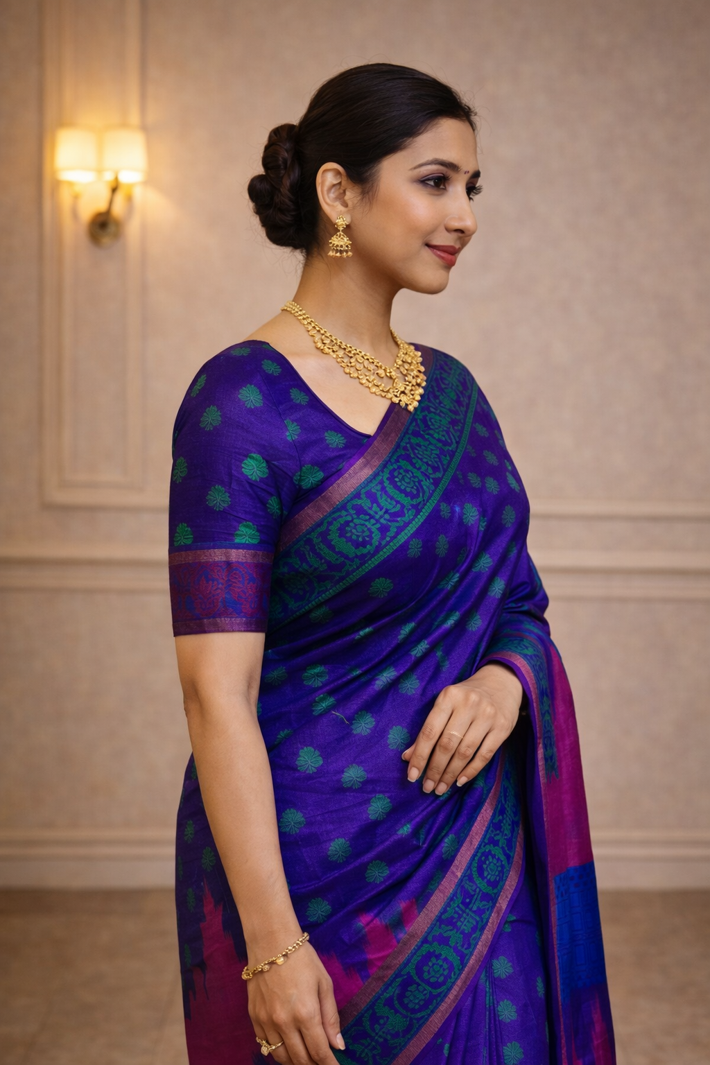 Royal Purple Traditional Saree with Green Butta Design & Contrast Border – Festive & Ethnic Wear