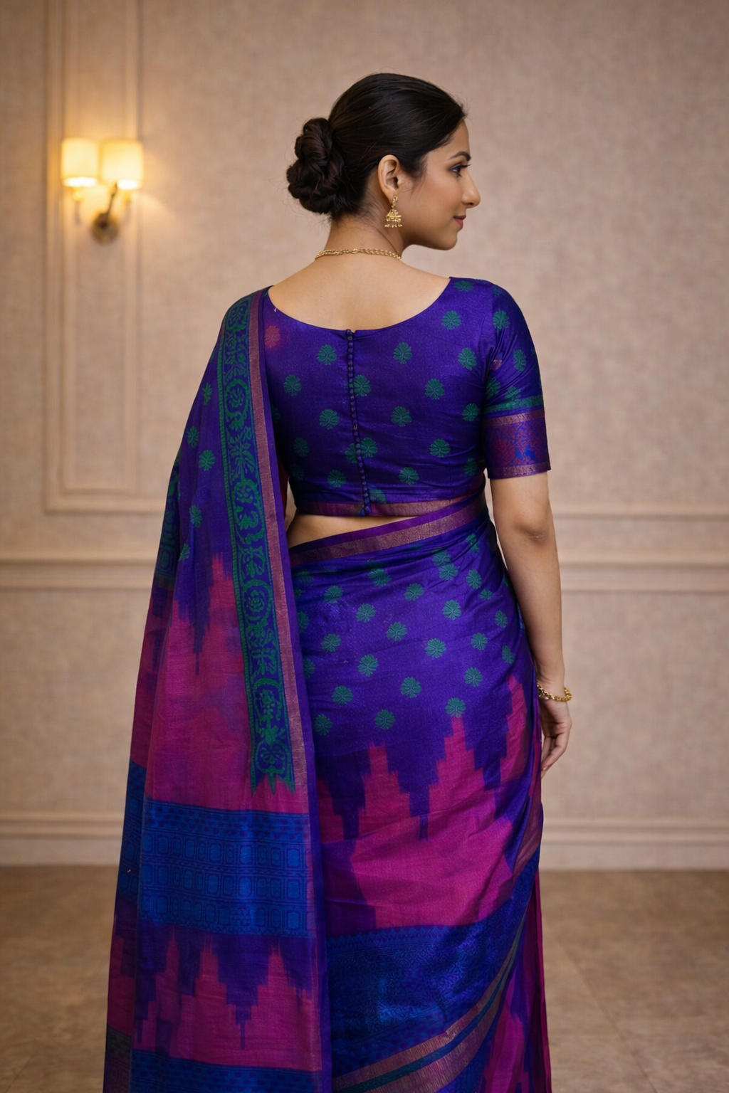 Royal Purple Traditional Saree with Green Butta Design & Contrast Border – Festive & Ethnic Wear