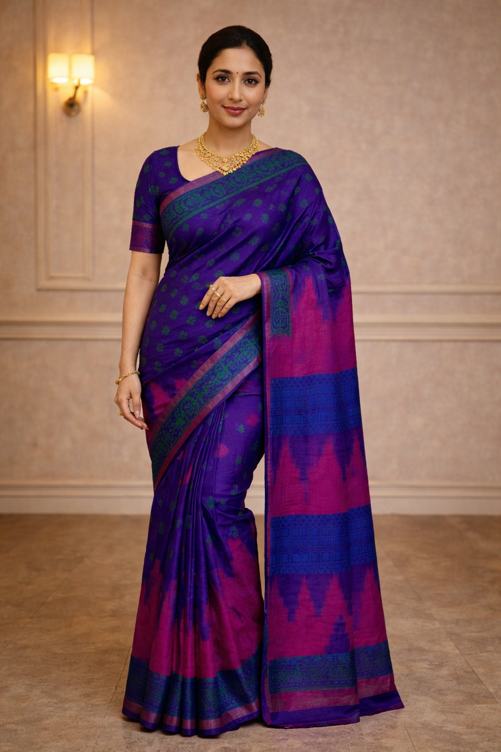 Royal Purple Traditional Saree with Green Butta Design & Contrast Border – Festive & Ethnic Wear
