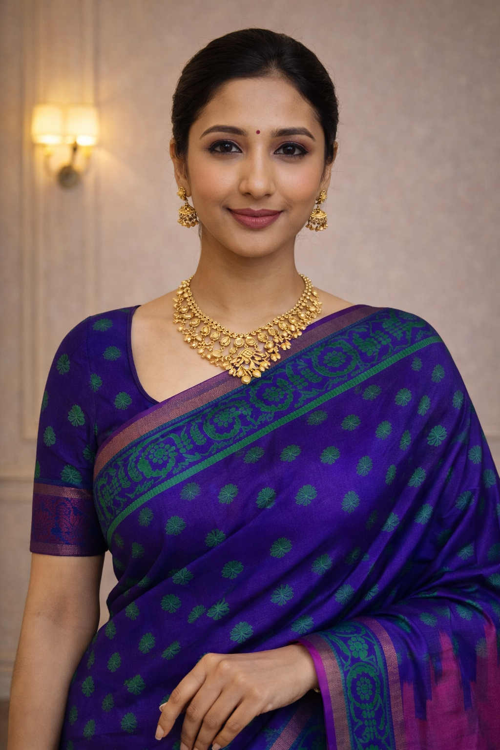 Royal Purple Traditional Saree with Green Butta Design & Contrast Border – Festive & Ethnic Wear