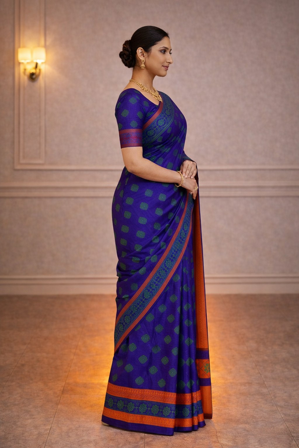 Royal Purple Traditional Saree with Green Butta Design & Contrast Orange Pallu – Festive & Ethnic Wear