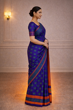 Royal Purple Traditional Saree with Green Butta Design & Contrast Orange Pallu – Festive & Ethnic Wear