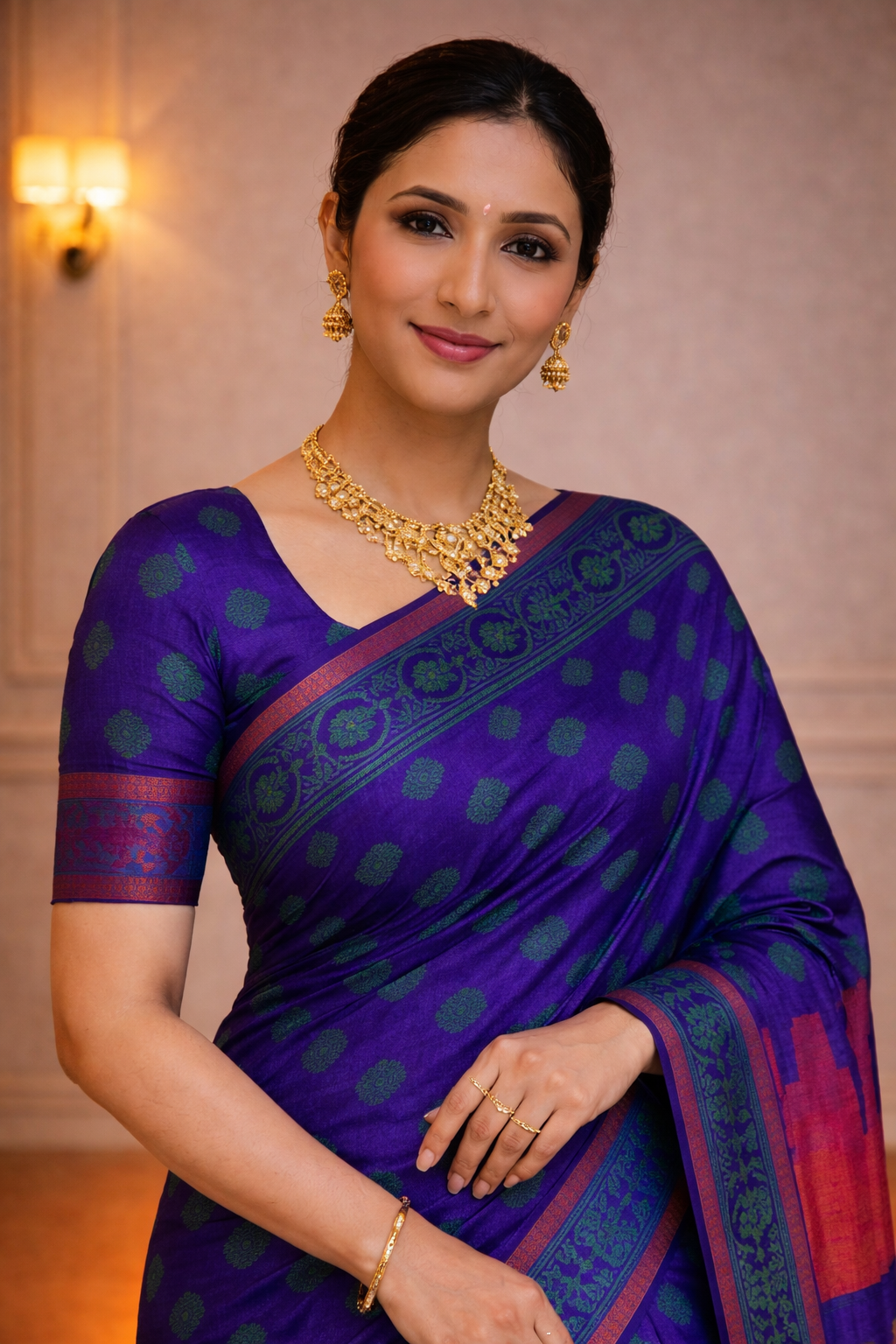 Royal Purple Traditional Saree with Green Butta Design & Contrast Orange Pallu – Festive & Ethnic Wear