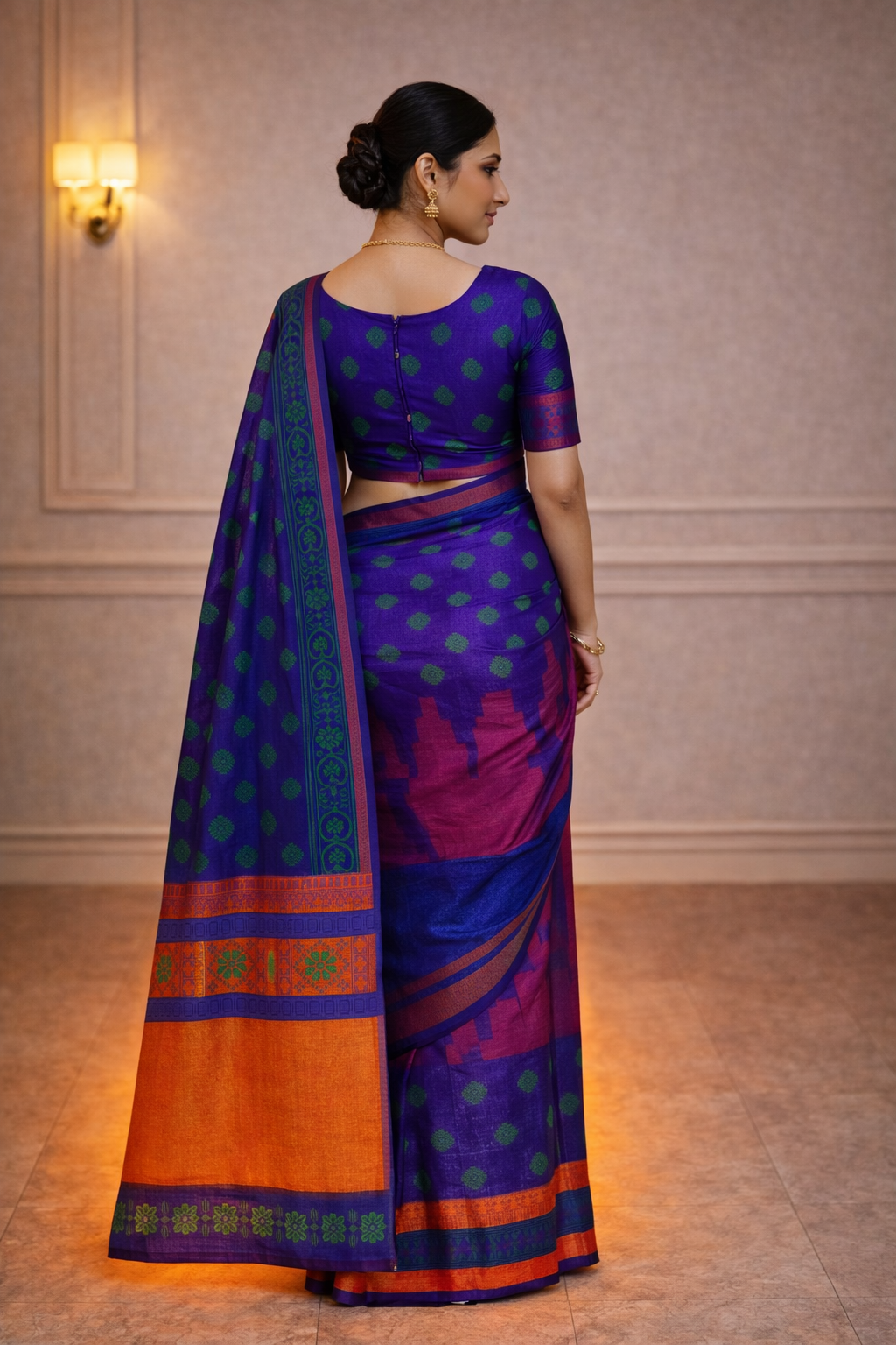 Royal Purple Traditional Saree with Green Butta Design & Contrast Orange Pallu – Festive & Ethnic Wear