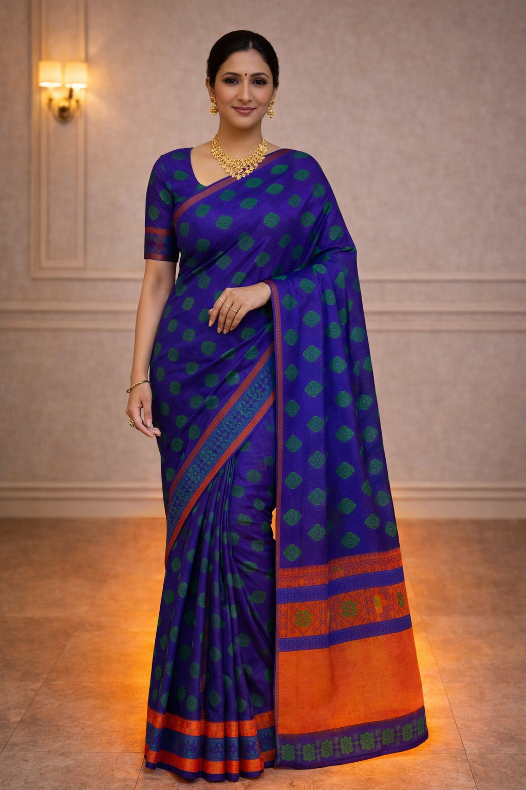 Royal Purple Traditional Saree with Green Butta Design & Contrast Orange Pallu – Festive & Ethnic Wear