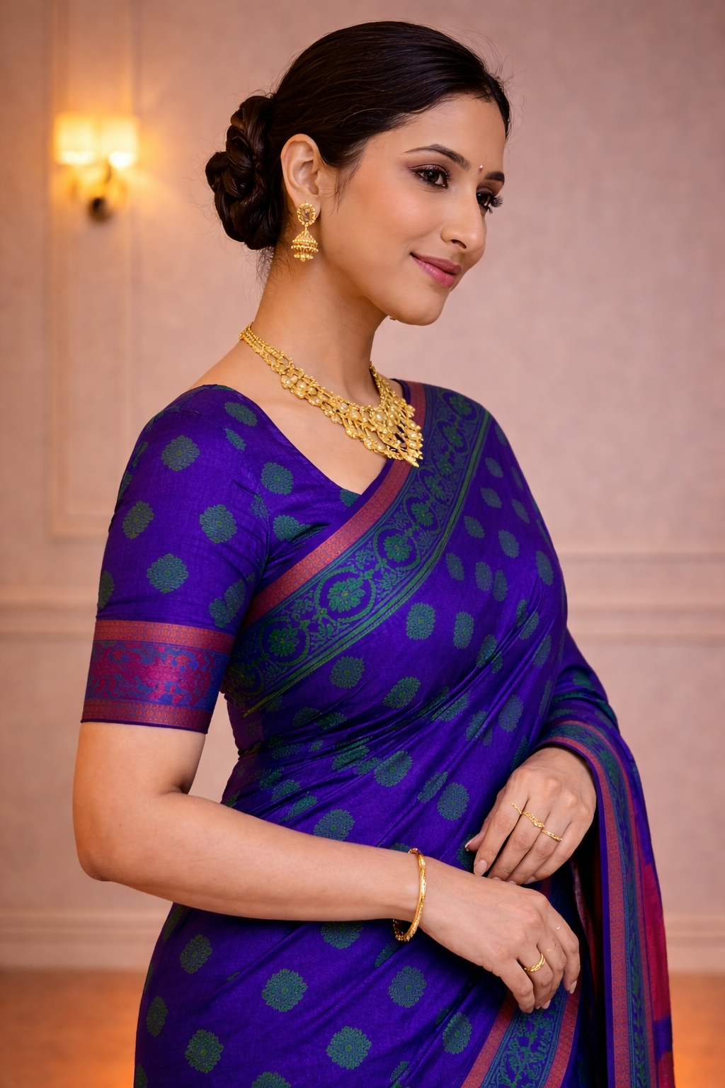 Royal Purple Traditional Saree with Green Butta Design & Contrast Orange Pallu – Festive & Ethnic Wear