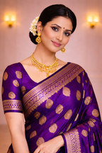 Royal Purple South Indian Silk Saree with Gold Zari Work & Traditional Border – Wedding & Festive Wear