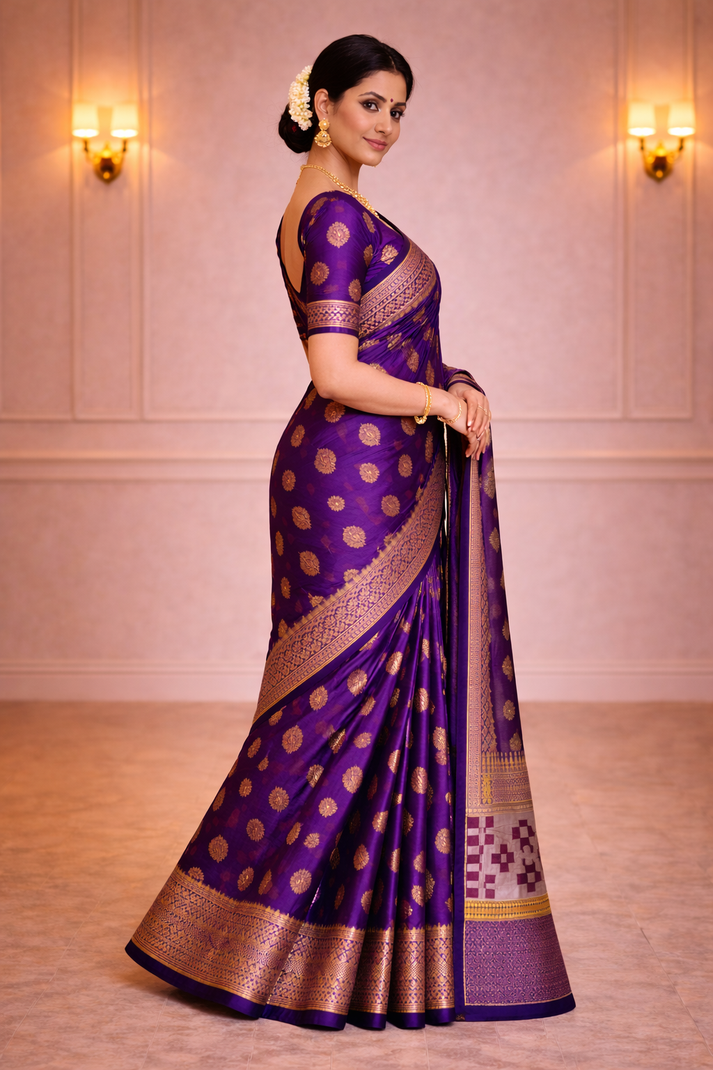 Royal Purple South Indian Silk Saree with Gold Zari Work & Traditional Border – Wedding & Festive Wear