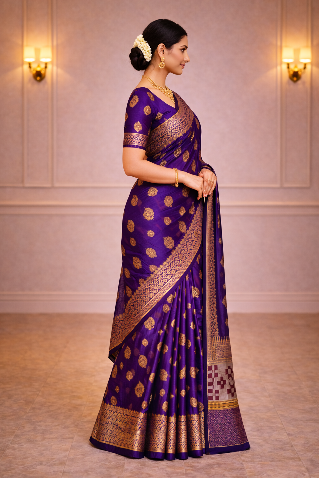 Royal Purple South Indian Silk Saree with Gold Zari Work & Traditional Border – Wedding & Festive Wear