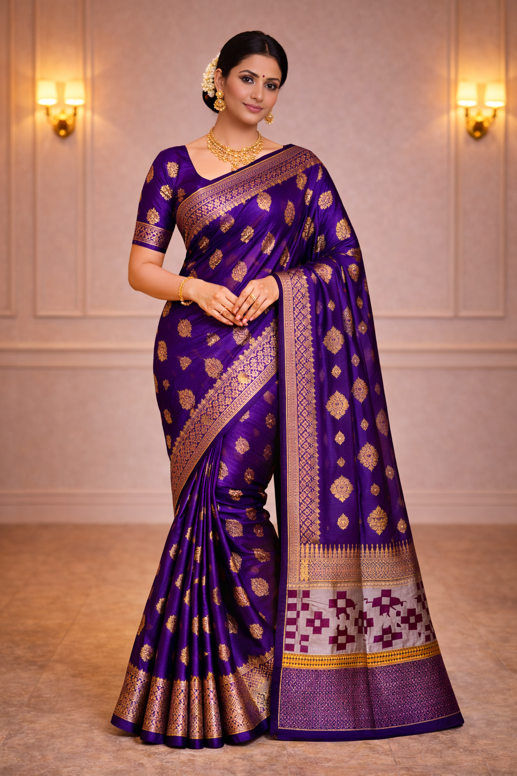 Royal Purple South Indian Silk Saree with Gold Zari Work & Traditional Border – Wedding & Festive Wear