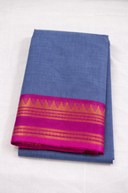 Slate Blue Cotton Saree with Pink Zari Border