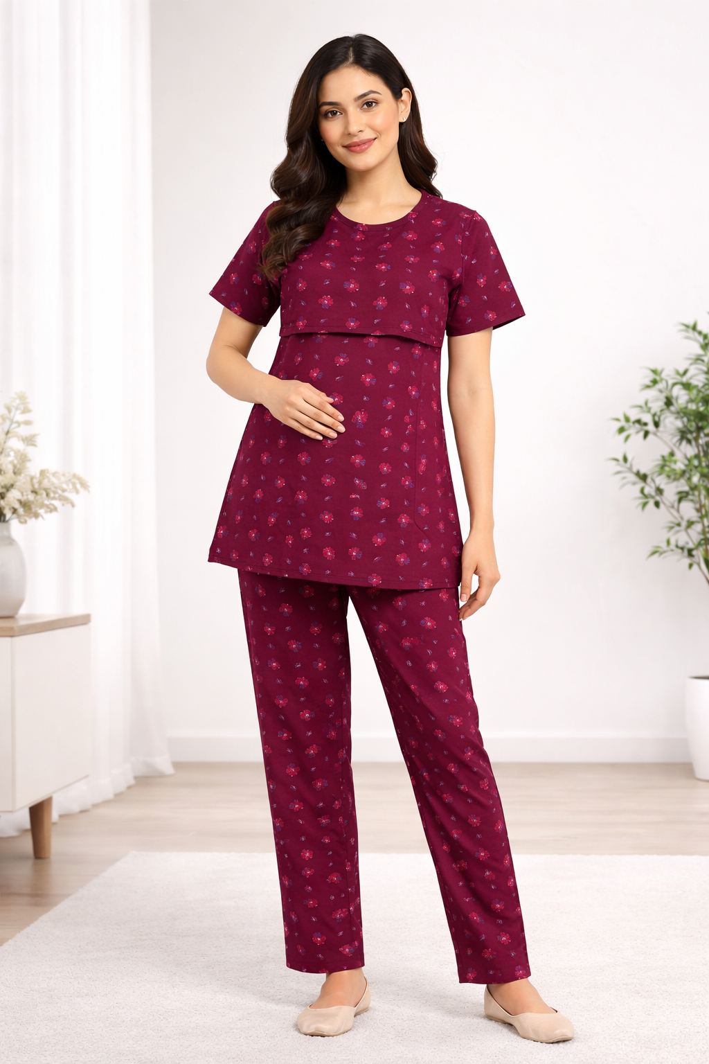 Maroon Maternity Co-Ord Set (Zipless Feeding Wear)