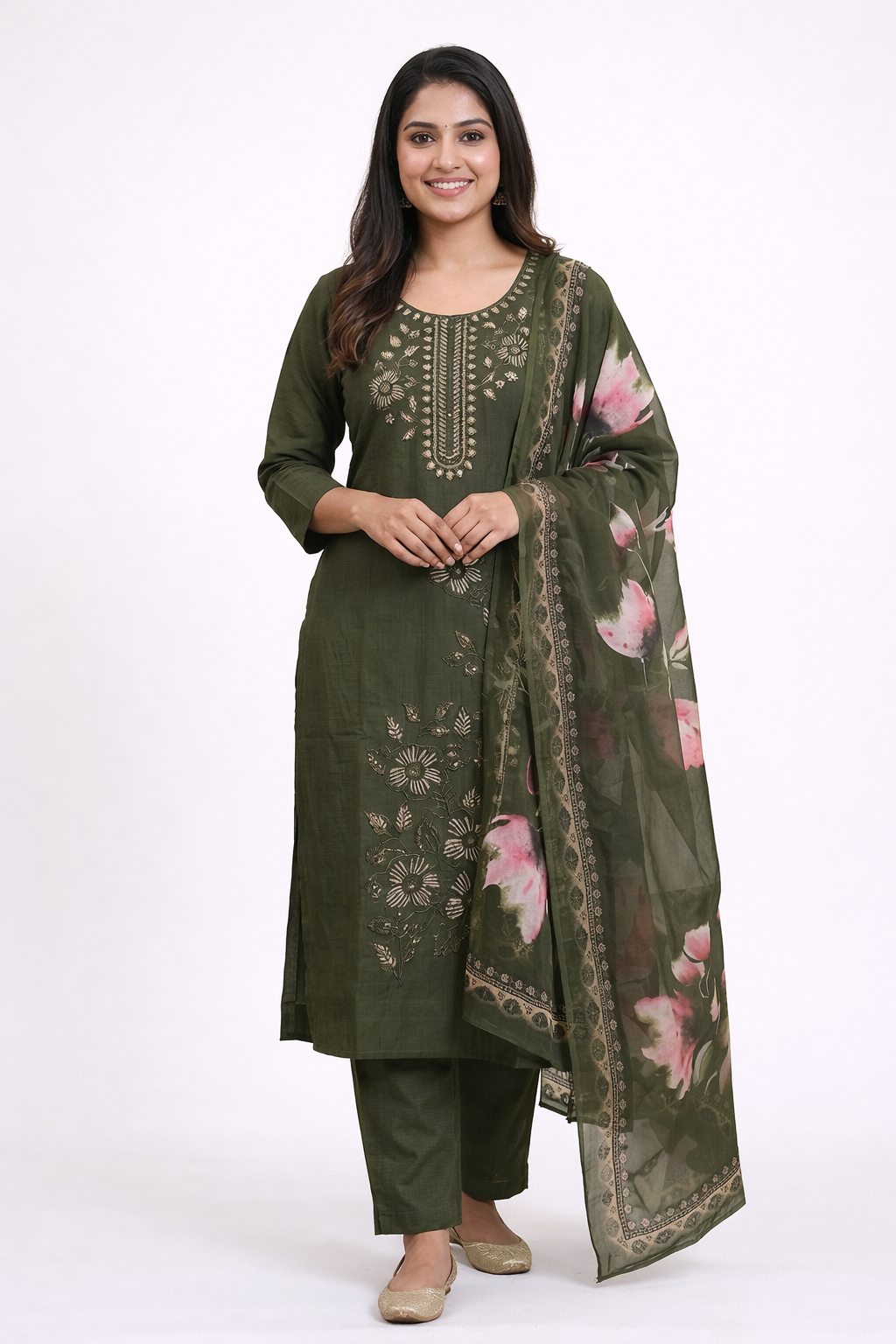 Elegant Olive Green Embroidered Salwar Suit Set with Dupatta