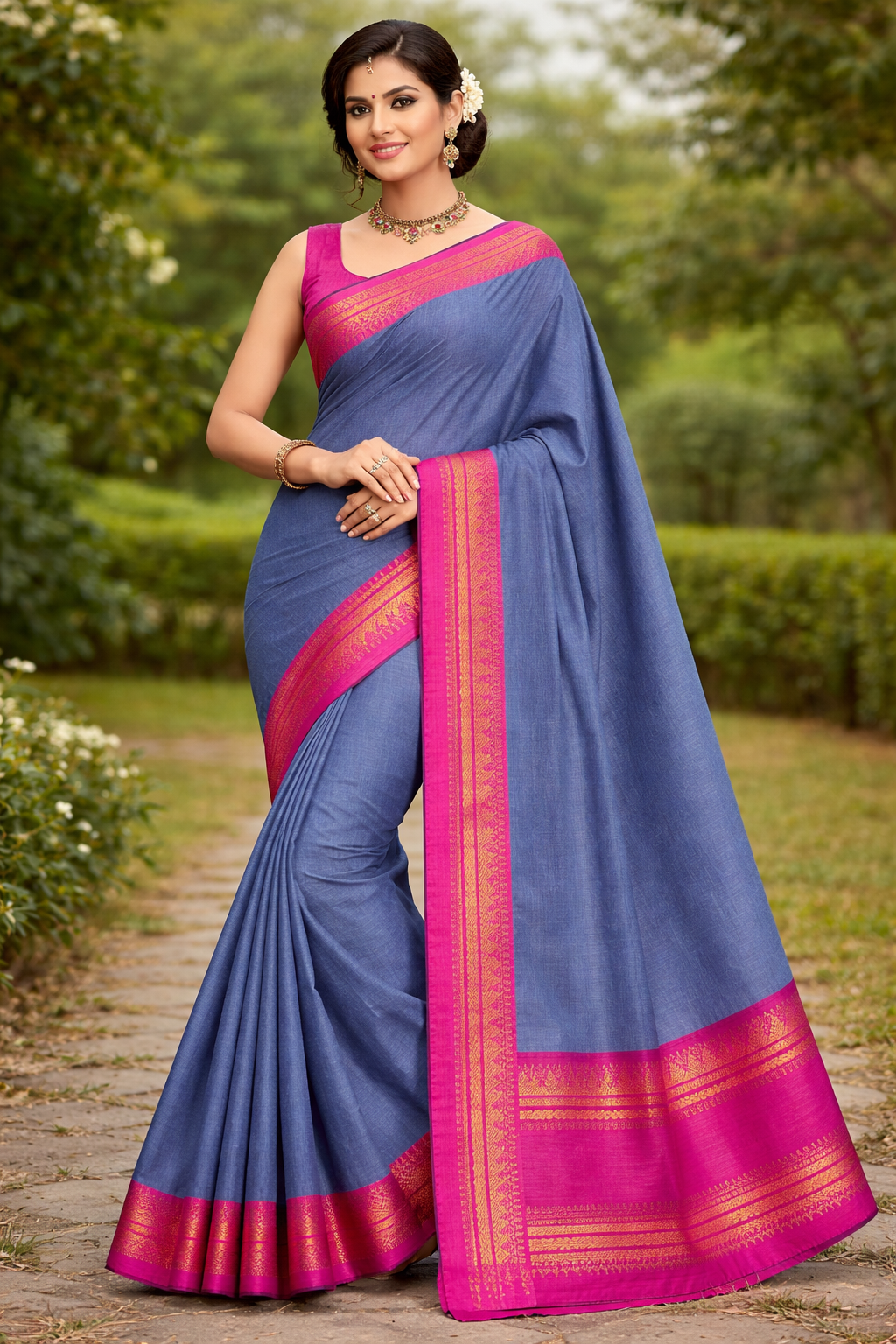 Slate Blue Cotton Saree with Pink Zari Border