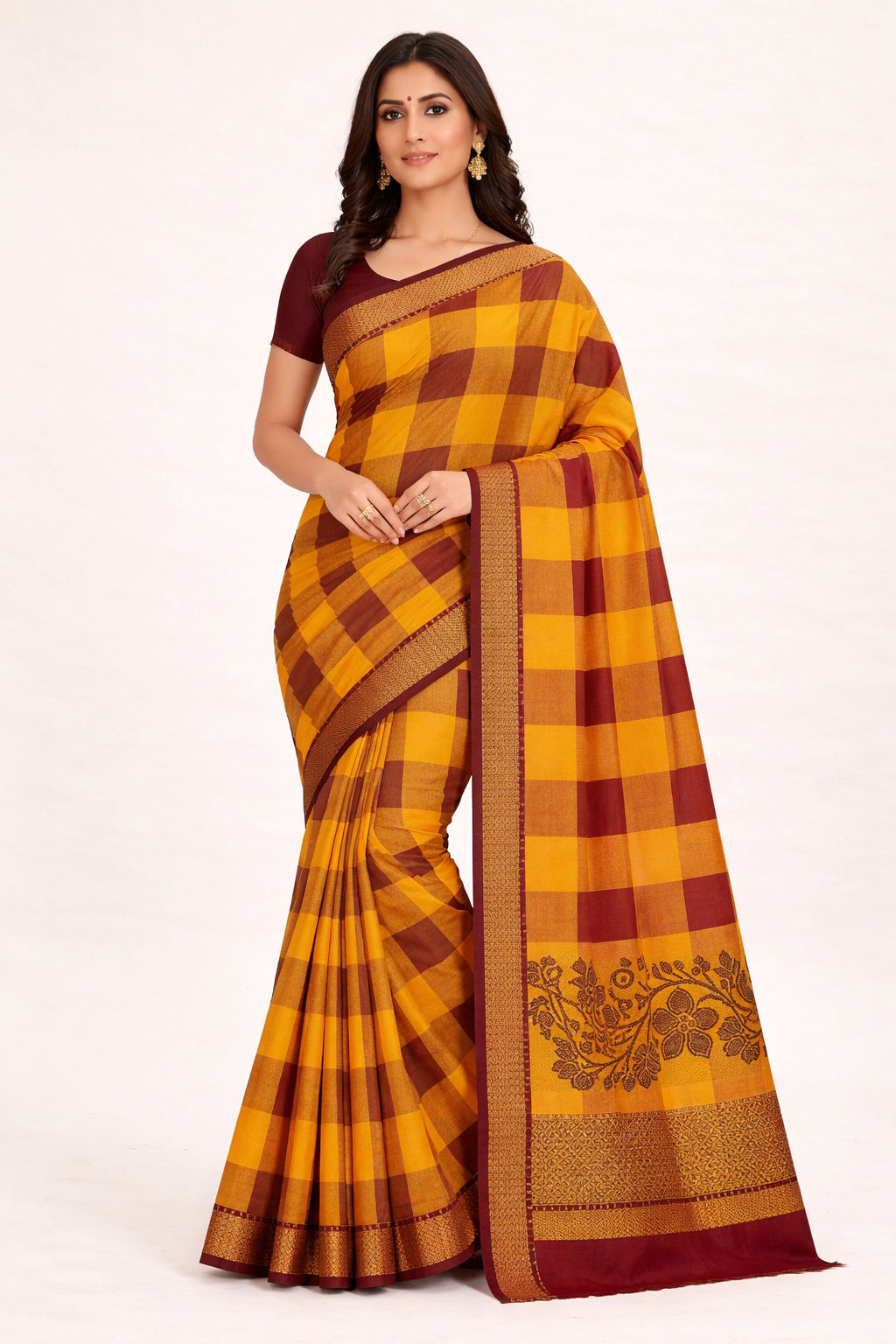 Traditional Mustard Yellow Chettinad Cotton Saree with Maroon Checks Border